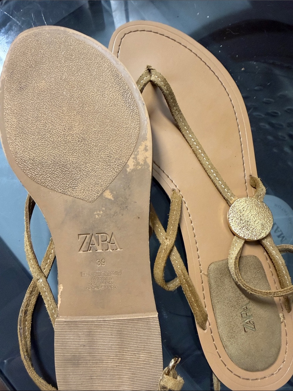 Zara Gold and Tan T-strap Sandals - Picture 2 of 3